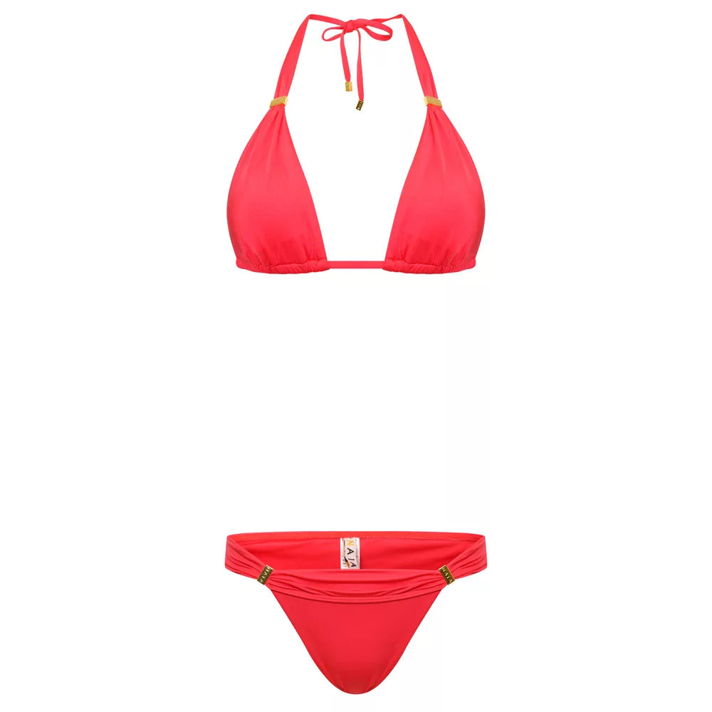 NAIA beach Maia luxury bikini pant bottom in Mustique Magenta coral red with gold trim, by Tess Daly, Coastal Culture Abersoch