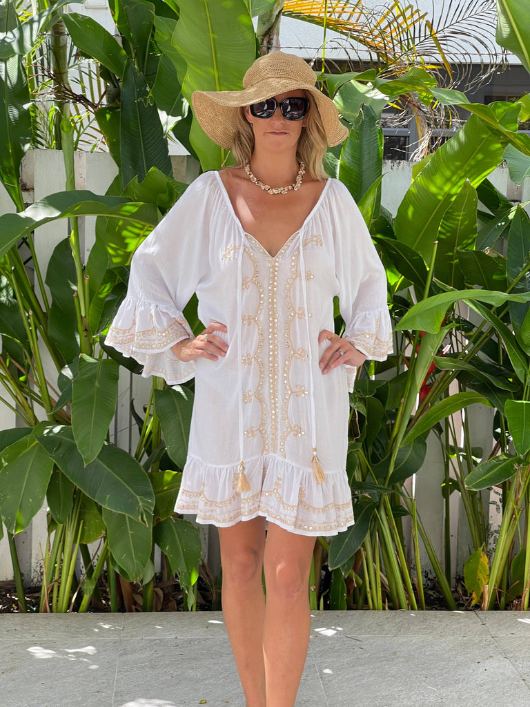 Ollie Burwell - Kaftan Beach Cover Up Glitter and Sparkle Dress - White & Gold