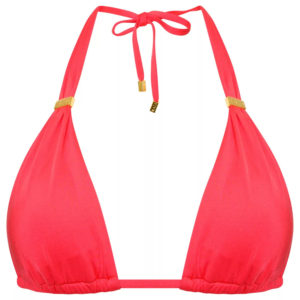 NAIA beach Maia luxury bikini top in Mustique Magenta coral red with gold trim, by Tess Daly, Coastal Culture Abersoch, back view
