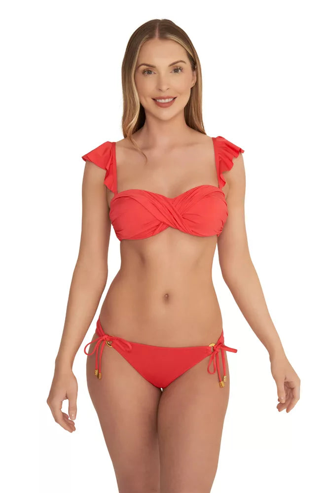 NAIA beach Eze bandeau bikini strapless top with ruffle straps in coral red Magenta Mystique, Abersoch, coastal Culture UK