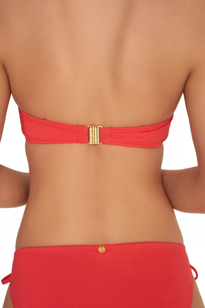 NAIA beach Eze bandeau bikini strapless top detail with ruffle straps in coral red Magenta Mystique, Abersoch, coastal Culture UK