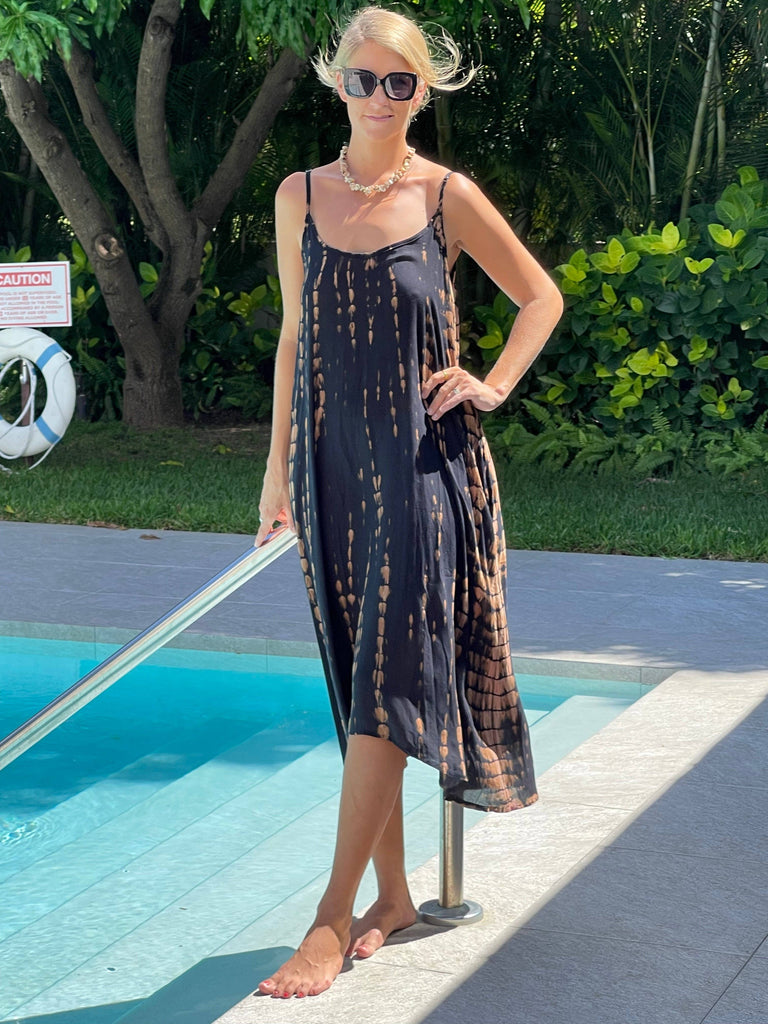 Ollie Burwell - Sundress with pockets - Black and Gold tye dye one size