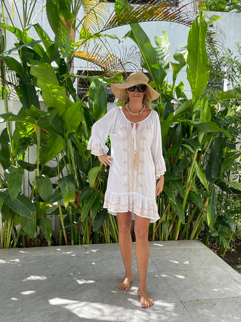 Ollie Burwell - Kaftan Beach Cover Up Glitter and Sparkle Dress - White & Gold