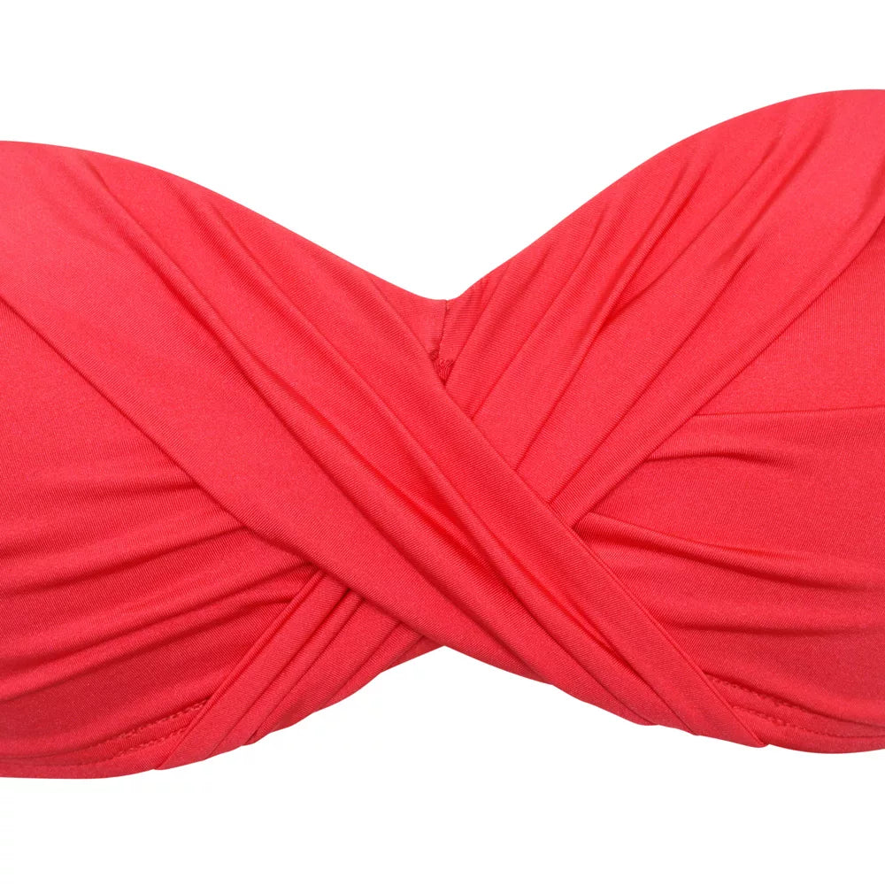 NAIA beach Eze bandeau bikini strapless top with ruffle straps in coral red Magenta Mystique, Abersoch, coastal Culture UK