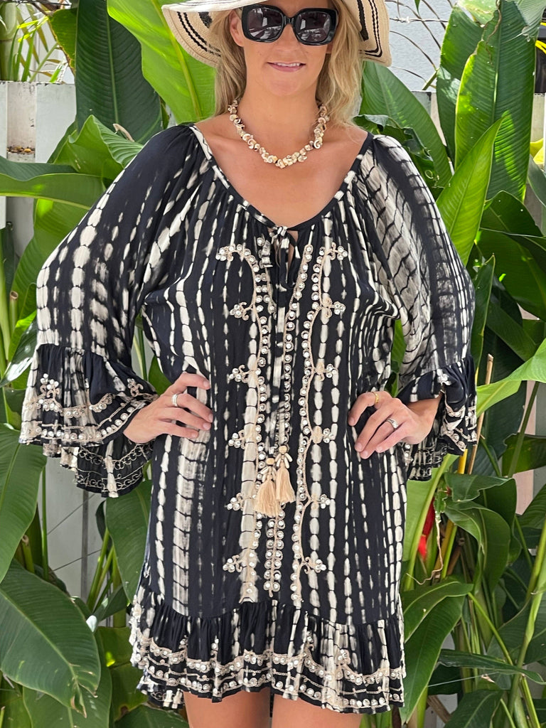 Ollie Burwell - Kaftan beach cover up black and gold - Tye dye one size: Small / Medium