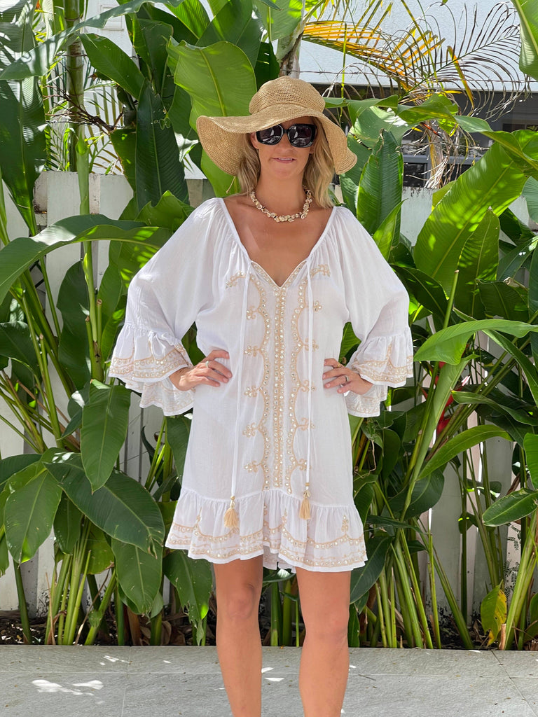 Ollie Burwell - Kaftan Beach Cover Up Glitter and Sparkle Dress - White & Gold
