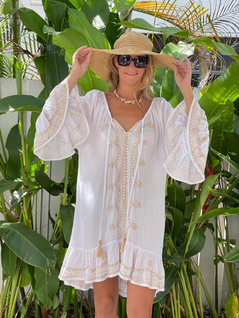 Ollie Burwell - Kaftan Beach Cover Up Glitter and Sparkle Dress - White & Gold