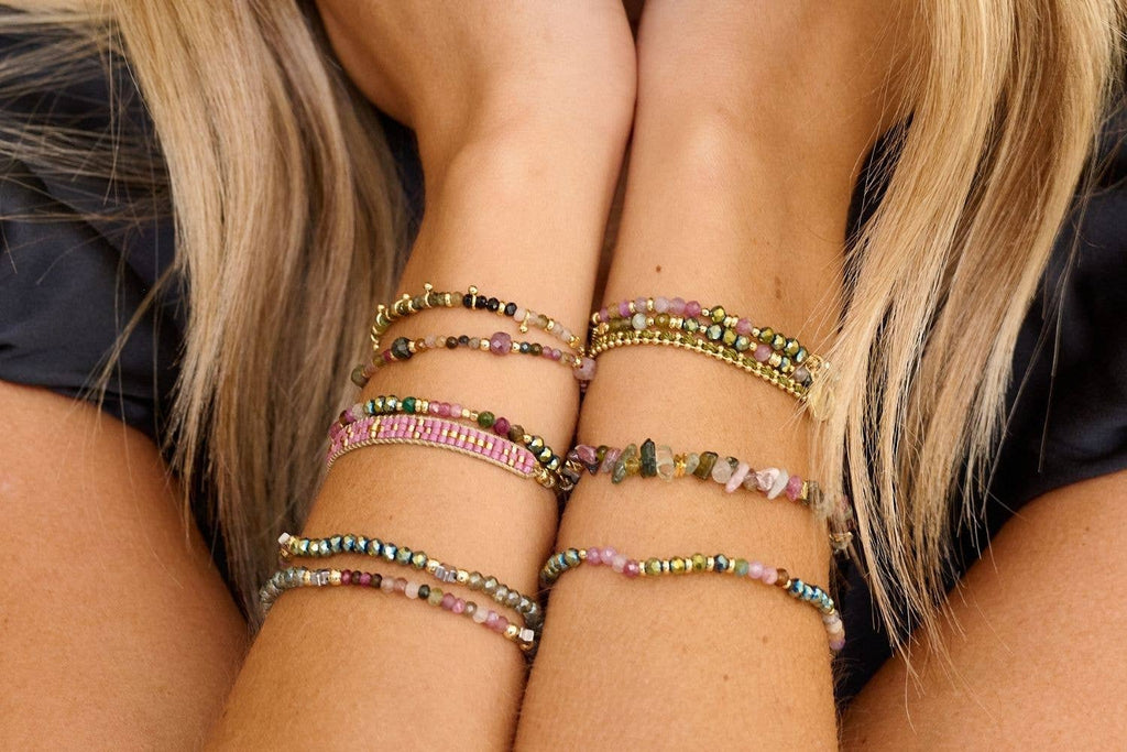 Boho Betty - Olive Tourmaline & Gold Stretch Bead Bracelet