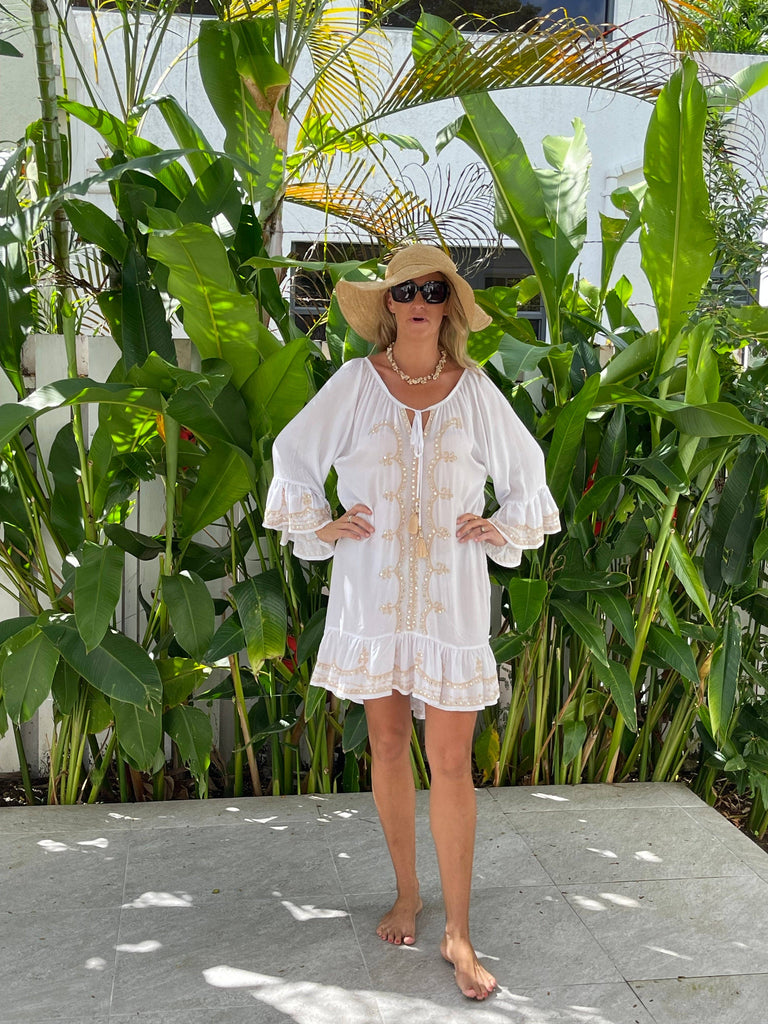 Ollie Burwell - Kaftan Beach Cover Up Glitter and Sparkle Dress - White & Gold