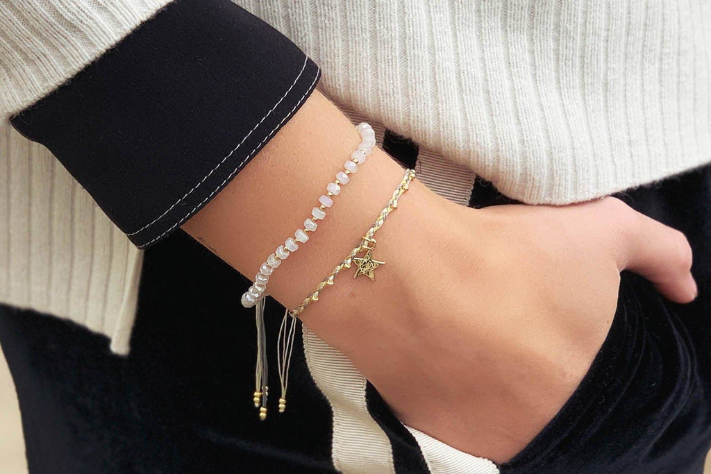 Boho Betty - Prunus White & Gold Crystal Stretch Bracelet