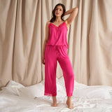 Pretty You London bamboo cami and cropped trouser sleep set pj’s in raspberry pink. Made from the softest thermo-regulating bamboo viscose.