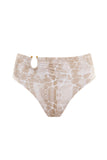 Sophia Alexia sand pebbles Bora Bora high waist bikini pants with gold horseshoe trim. Luxury swimwear. Coastal Culture Abersoch UK