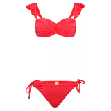 NAIA beach luxury Eze coral red bikini pant with tie sides in Mustique Magenta, Abersoch, North Wales