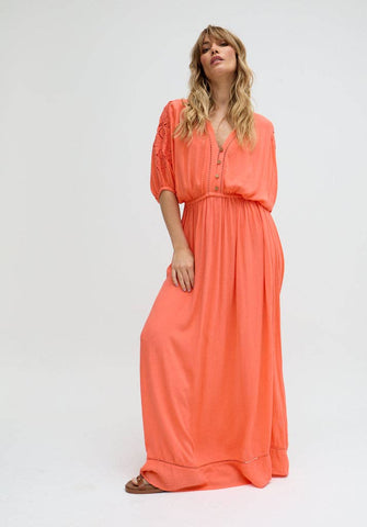Raffya - Somerton Kaftan Style Embroidered Maxi Dress In Orange: 10