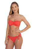 NAIA beach Eze bandeau twist bikini strapless top with ruffle straps in coral red Magenta Mystique, Abersoch, coastal Culture UK
