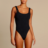 Hunza G Domino crinkle scoop neck one piece Swimsuit in black with tortoiseshell ring details on straps
