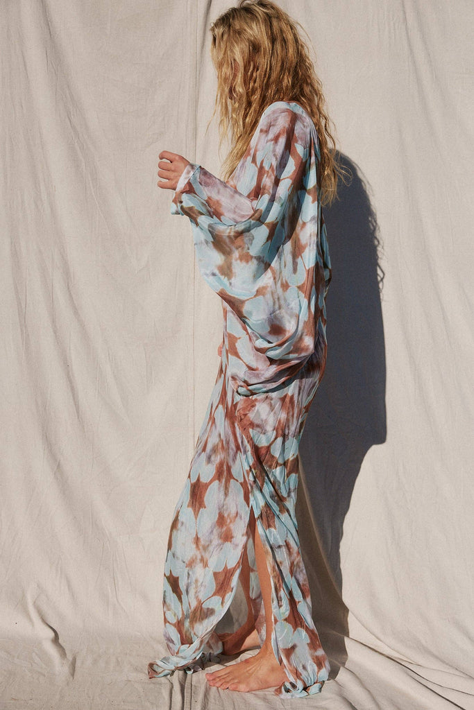 Jen’s pirate booty reflections kingdom designer maxi kaftan in watercolor blues silk rayon, Abersoch coastal Culture 