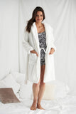 Pretty You London Super soft fluffy white cloud dressing gown knee length robe, lined in bamboo fabric. Coastal Culture Abersoch