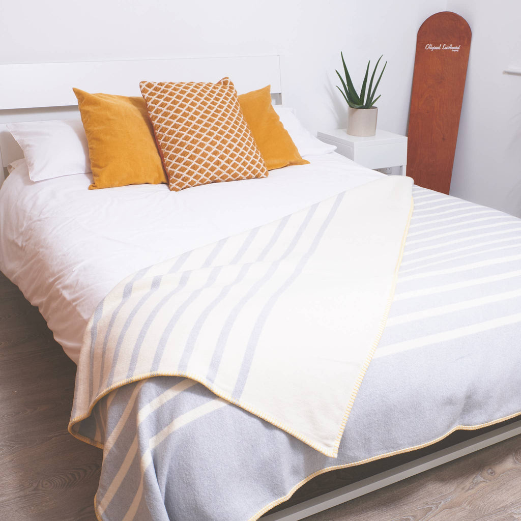 Atlantic Blankets - Grey Stripe Recycled Cotton Blanket - Yellow Stitch: Large 160 x 200cm