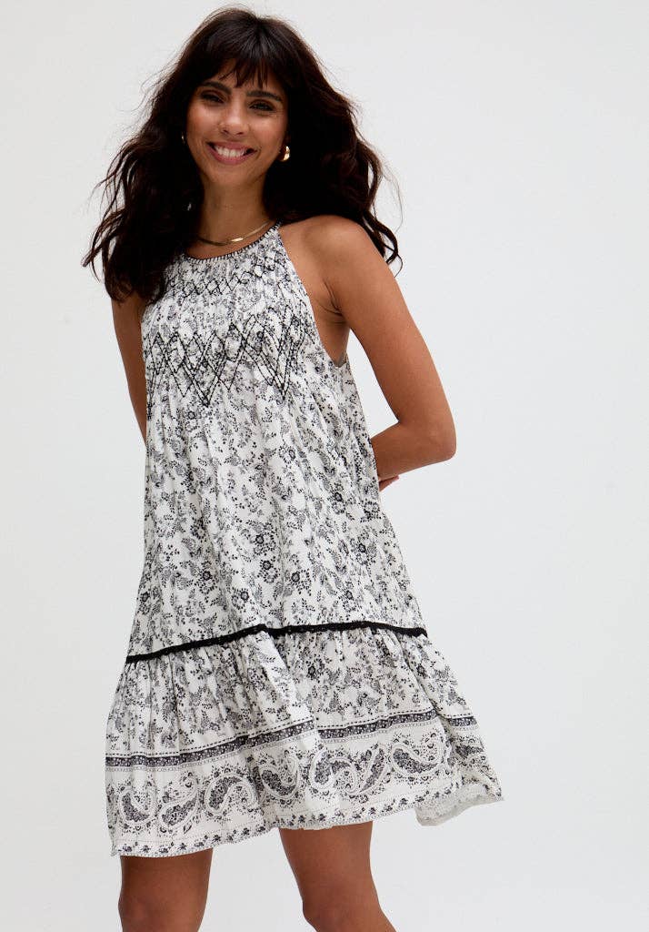 Raffya - Paige Embroidered Shirring Floral Printed Mini Dress In White: L