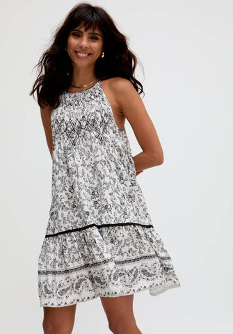 Raffya - Paige Embroidered Shirring Floral Printed Mini Dress In White: L