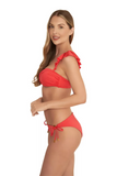 NAIA beach luxury Eze coral red bikini pant with tie sides in Mustique Magenta, Abersoch, North Wales