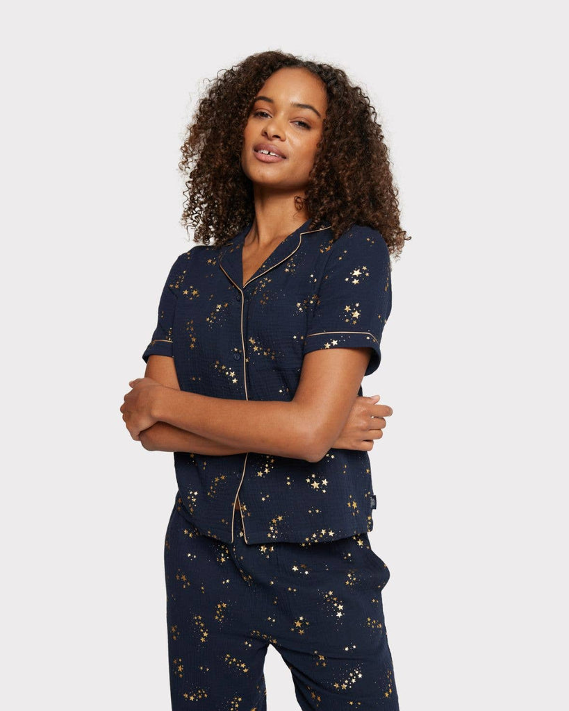 Chelsea Peers - Cotton Cheesecloth Foil Star Print Long Pyjama Set - Navy: Navy / 8