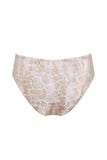 Sophia Alexia sand pebbles Bora Bora high waist bikini pants with gold horseshoe trim. Luxury swimwear. Coastal Culture Abersoch UK