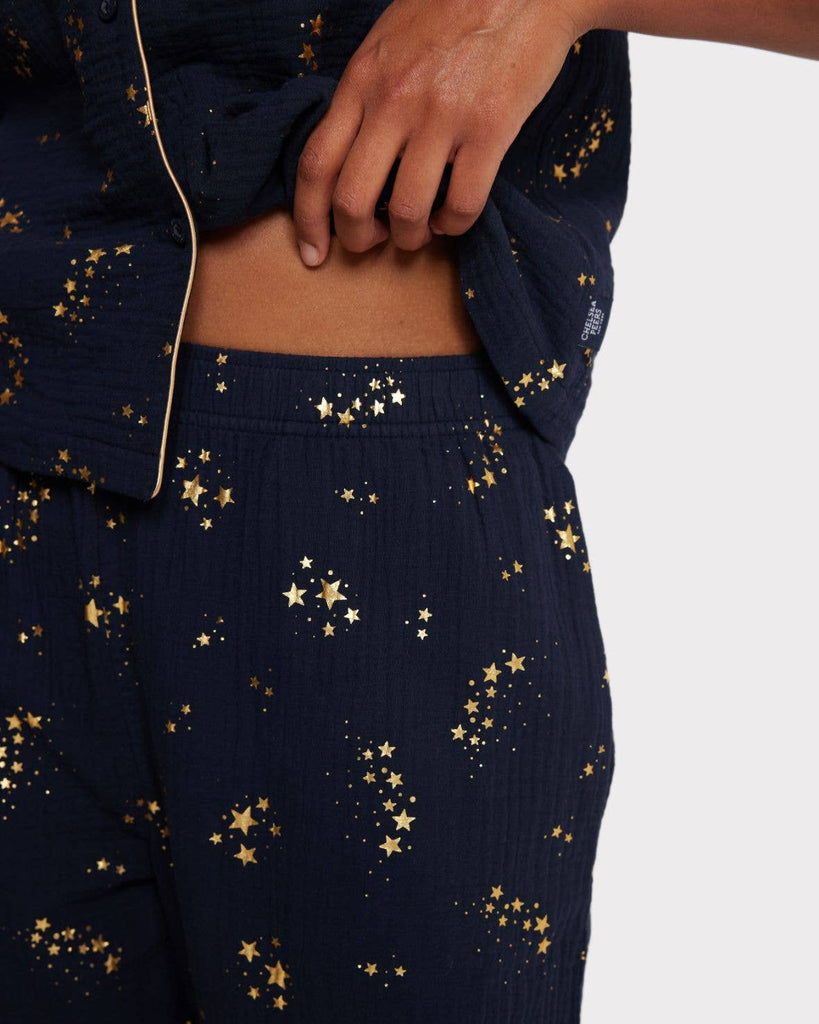 Chelsea Peers - Cotton Cheesecloth Foil Star Print Long Pyjama Set - Navy: Navy / 8
