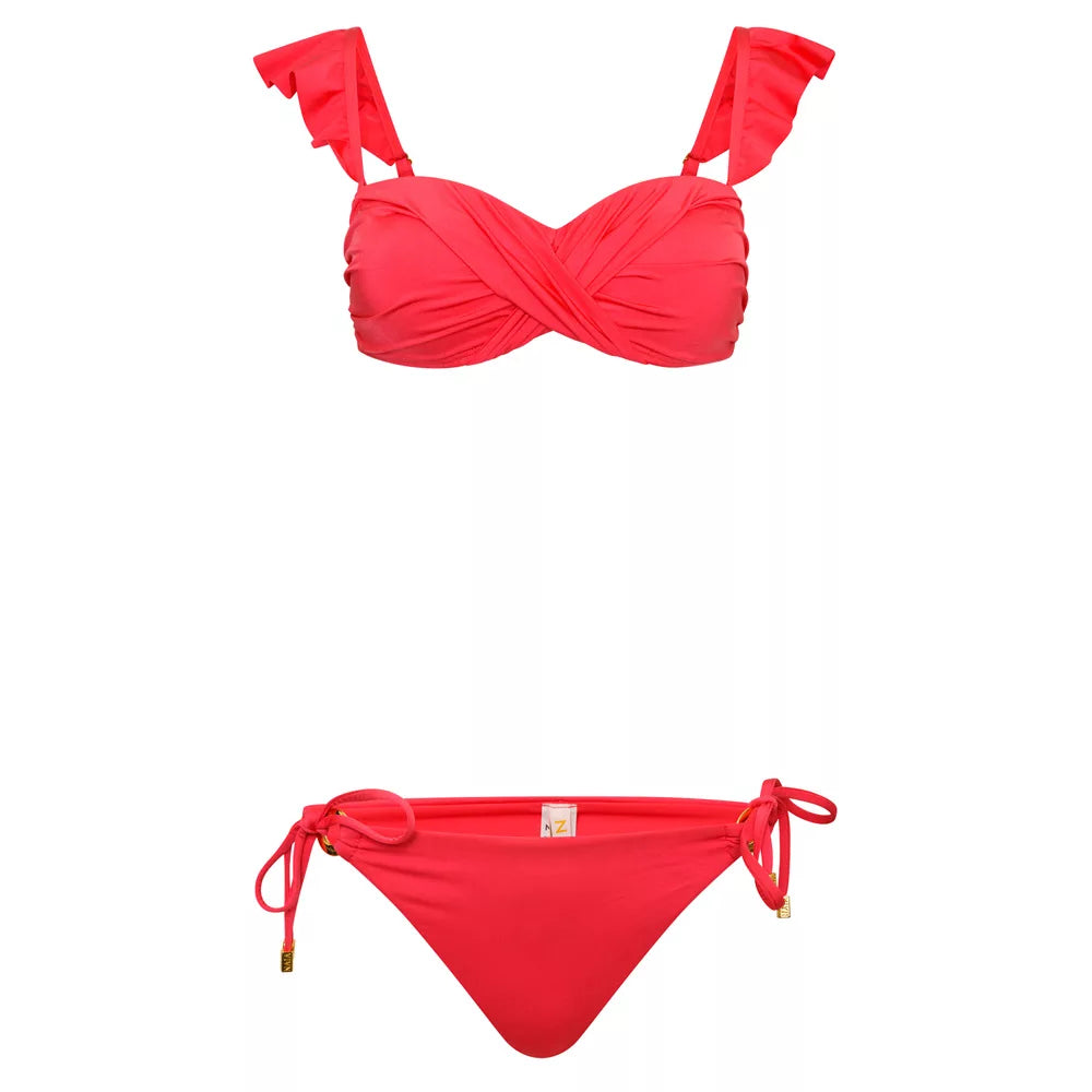 NAIA beach Eze bandeau bikini strapless top with ruffle straps in coral red Magenta Mystique, Abersoch, coastal Culture British design