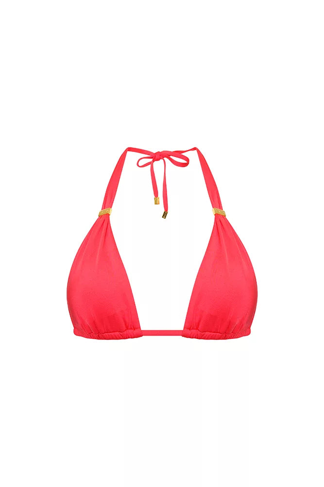NAIA beach Maia luxury bikini top in Mustique Magenta coral red with gold trim, by Tess Daly, Coastal Culture Abersoch