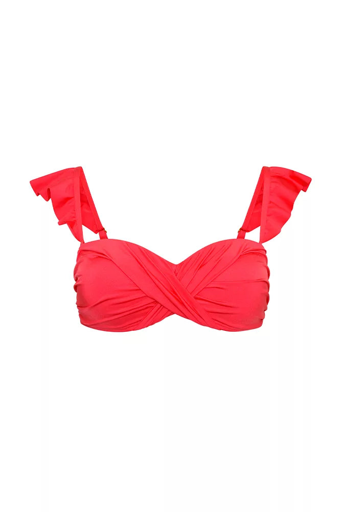 NAIA beach Eze bandeau bikini strapless top with ruffle straps in coral red Magenta Mystique, Abersoch, coastal Culture resort wear 