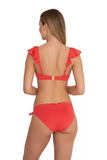 NAIA beach Eze bandeau bikini strapless top with ruffle straps in coral red Magenta Mystique, Abersoch, coastal Culture UK back view