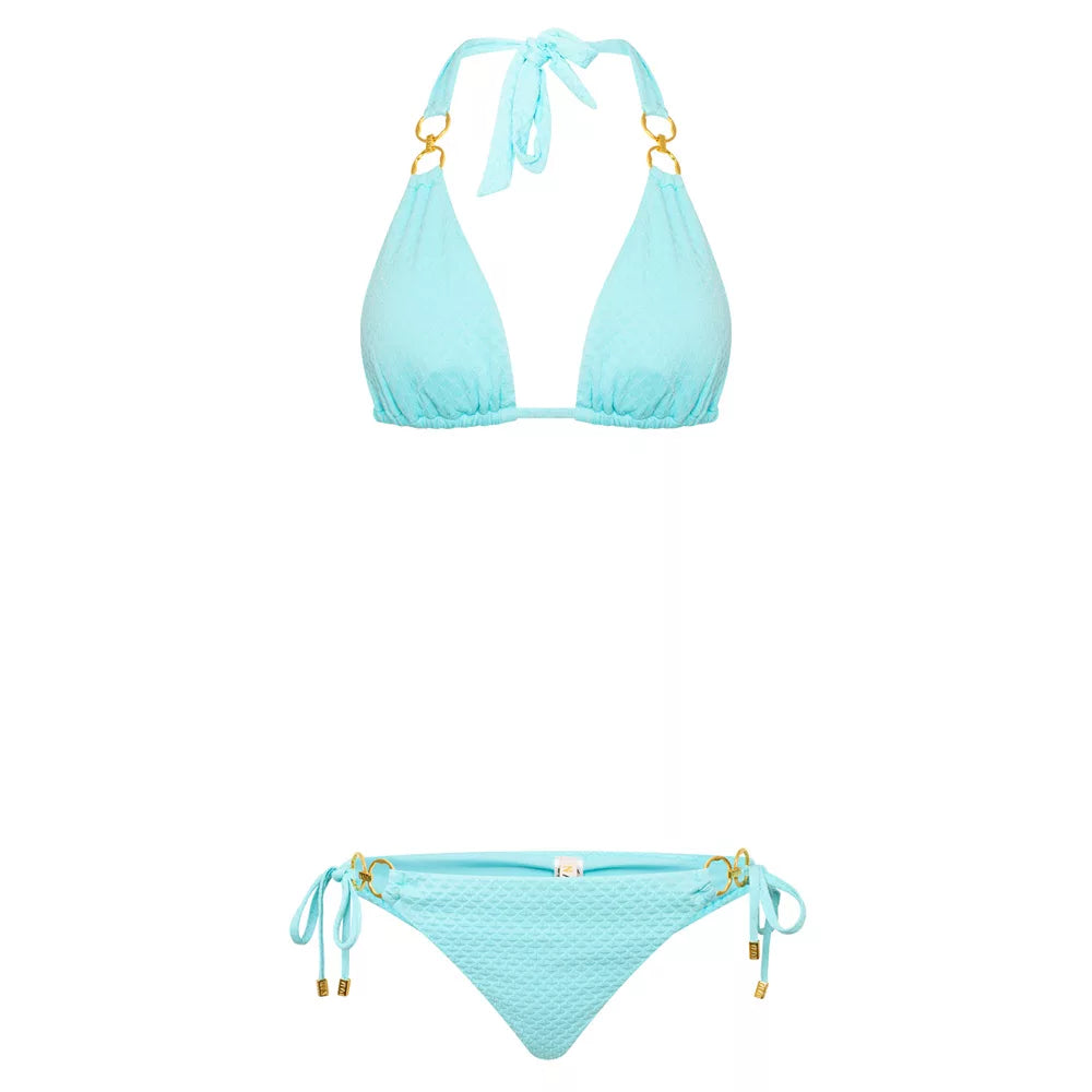 NAIA Beach Bora Bora triangle halter bikini in Azure turquoise blue textured fabric. Coastal Culture Abersoch luxury swimwear specialists
