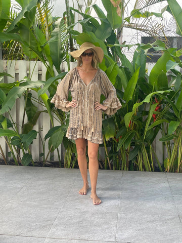 Ollie Burwell - Kaftan beach  cover up Glitter and Sparkle Dress - Mink and cream  tye dye