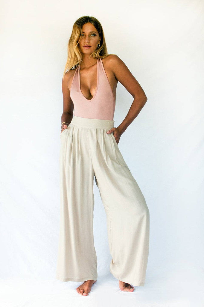 stellar-dust - POLARIS resort wear cover up TROUSERS - DUNE sand beige neutral colour, sexy summer lightweight silky trouser  Tulum Ibiza fashion Abersoch 