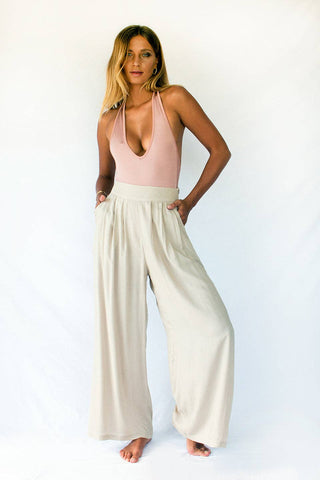 stellar-dust - POLARIS resort wear cover up TROUSERS - DUNE sand beige neutral colour, sexy summer lightweight silky trouser  Tulum Ibiza fashion Abersoch 