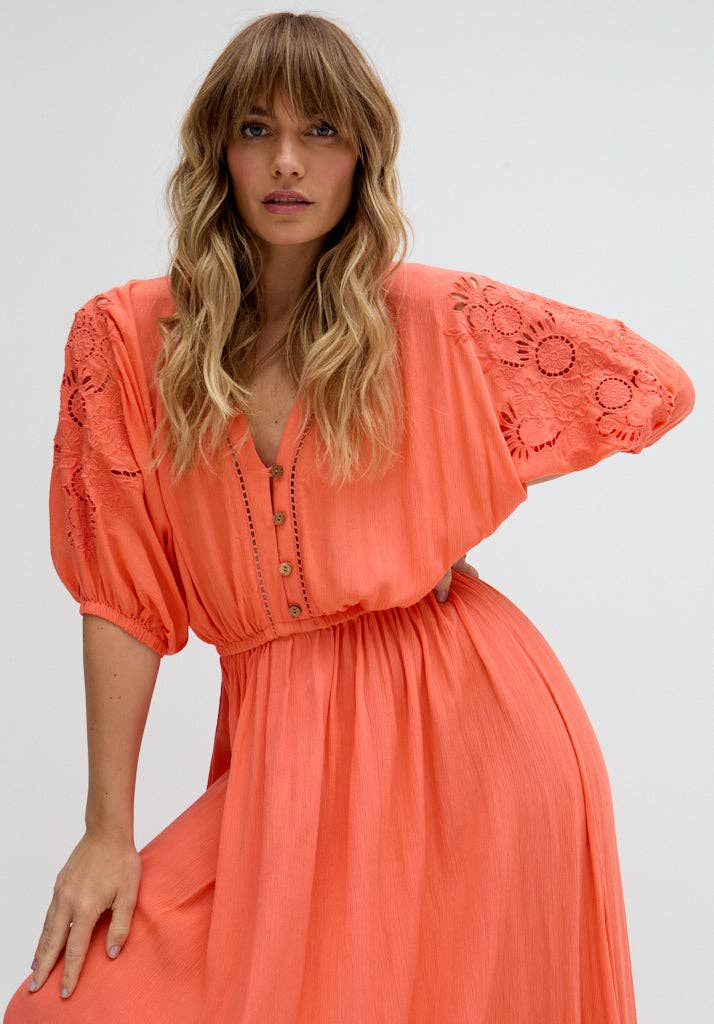 Raffya - Somerton Kaftan Style Embroidered Maxi Dress In Orange: 10