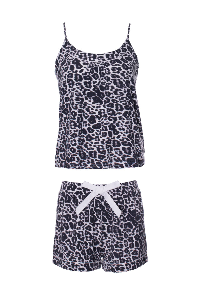 Pretty You London animal print cami & shorts pj set with contrast binding. Pyjamas made from super soft bamboo viscose. Coastal Culture Abersoch
