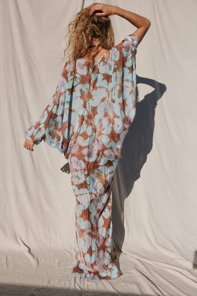 Jen’s pirate booty reflections kingdom designer resort wear beach maxi kaftan in watercolor turquoises blues & brown silk rayon